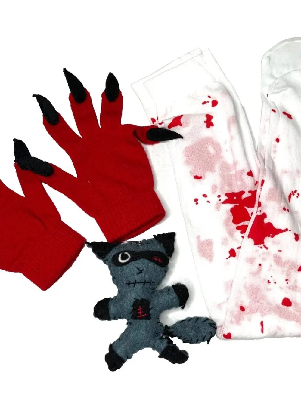 BUNDLE DEAL! 3 Zombie Claw Gloves Red Black Bloody Over Knee Socks Ninja Plush